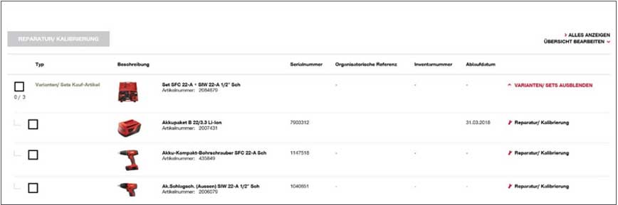 Meine Hilti Geräte: Geräteübersicht im Online Konto