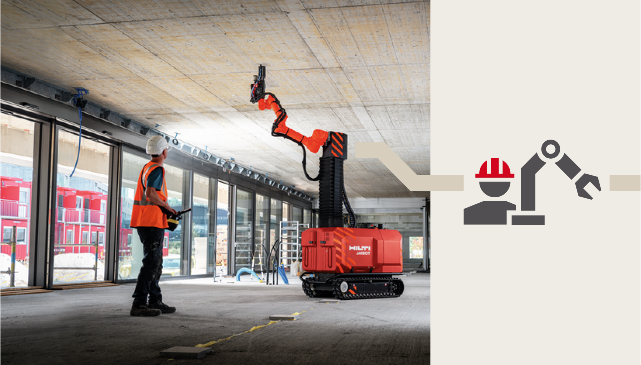 Zwei Bilder. Links: Ein Arbeiter in einer Warnweste steht neben einem Hilti Jaibot, der an der Decke arbeitet. Rechts: Illustration von Bauarbeiter und maschinellem Arm.
