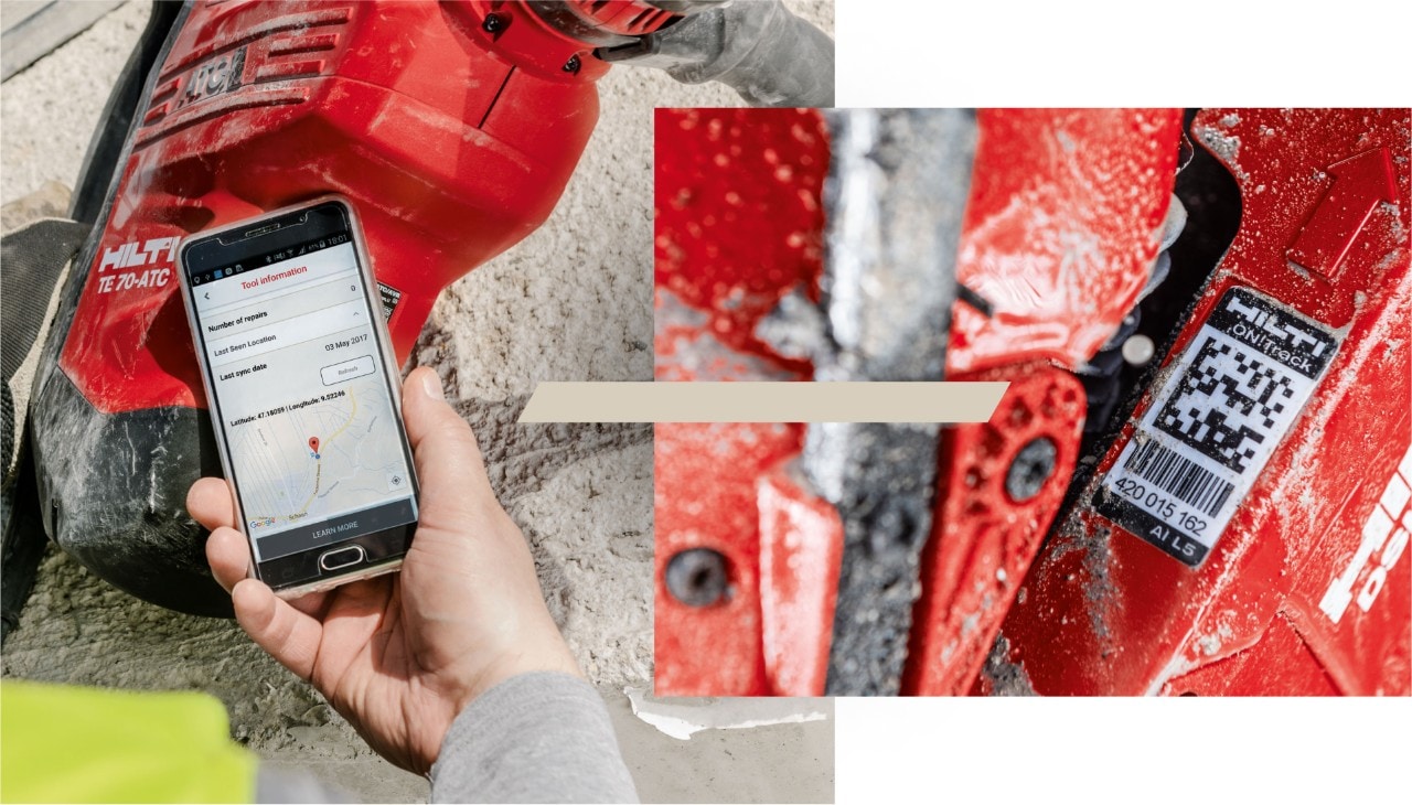 Zwei Fotos: auf dem linken ist ein Hilti Bohrhammer TE 70-ATC zu sehen sowie ein Handy mit ON!Track App. Auf dem rechten Bild ein Tracking Aufkleber mit Barcode auf dem Werkzeug.