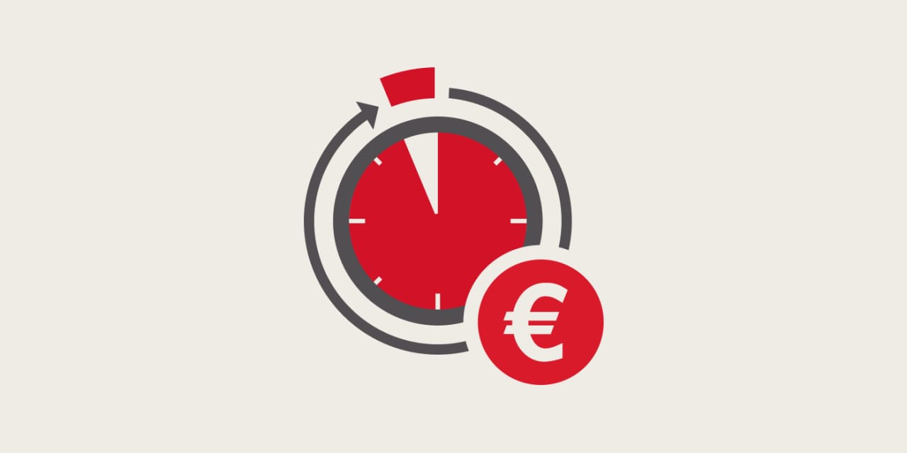 Eine Grafik stellt eine Stoppuhr und ein Eurozeichen in Rot dar. 