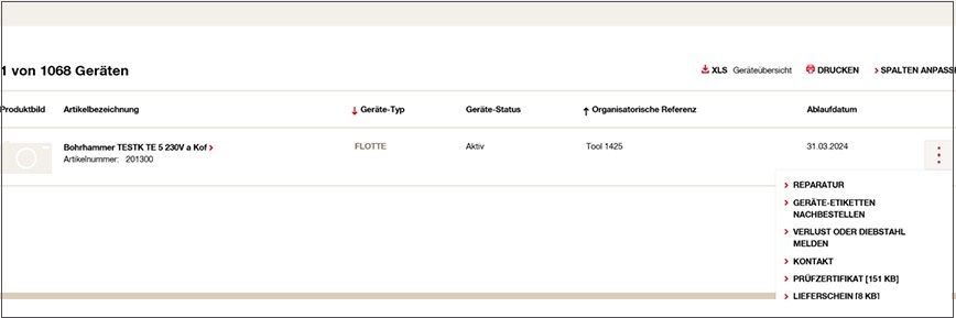 Meine Hilti Geräte: Geräteübersicht im Online Konto