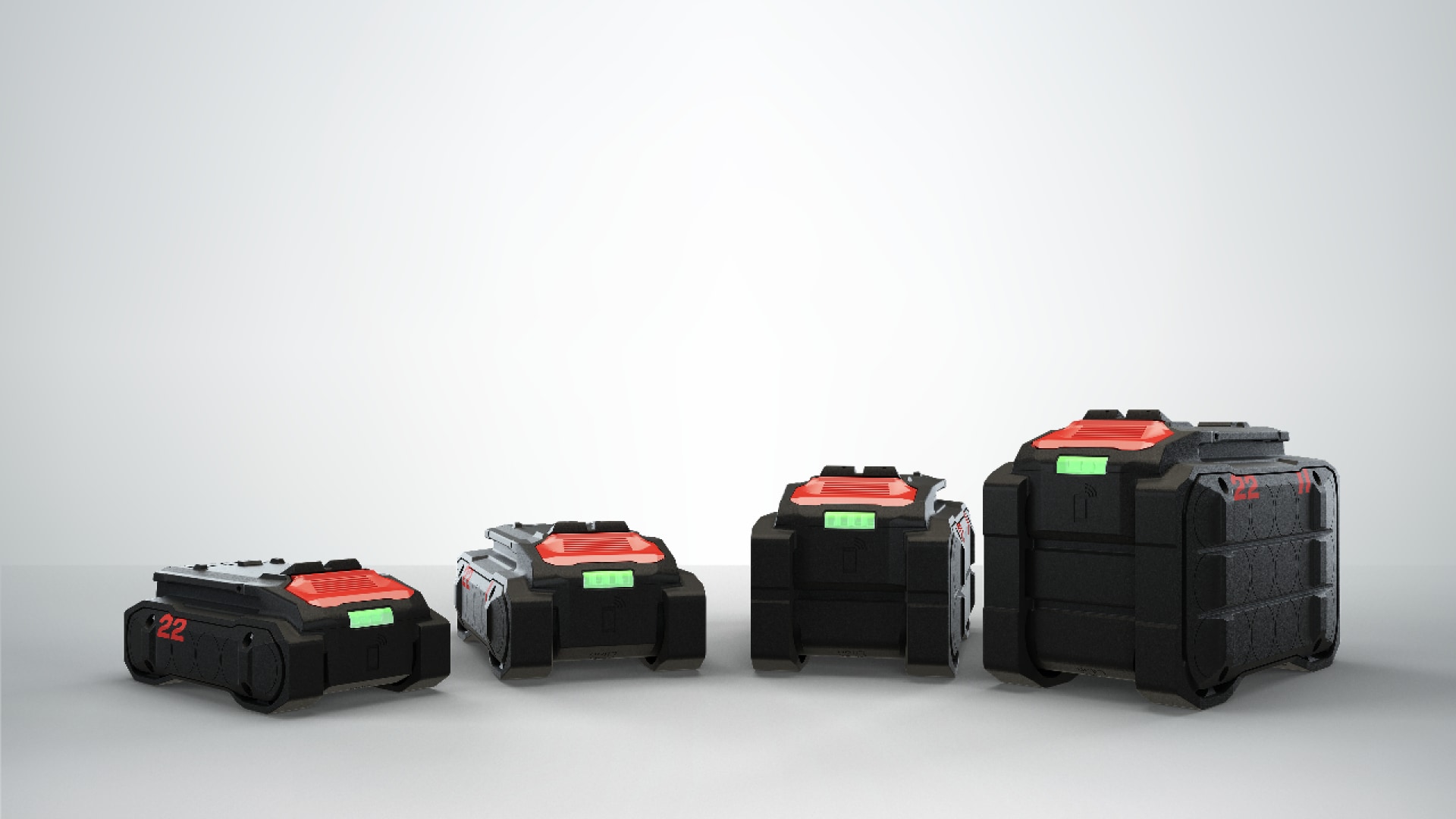 Quatre blocs de batteries Li-ion de différents modèles les uns à côté des autres