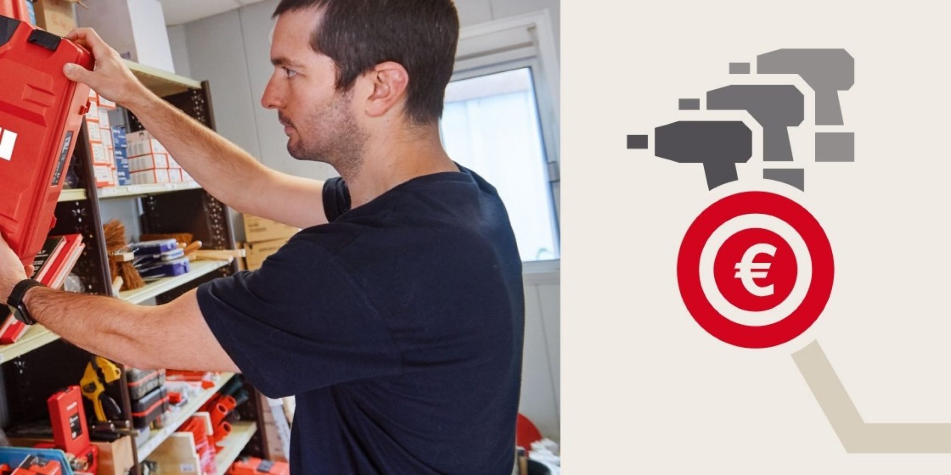 Un travailleur prend une mallette à outils Hilti rouge sur une étagère à outils. À droite, vous pouvez voir une infographie avec trois tournevis sans fil stylisés gris et un symbole euro rouge.