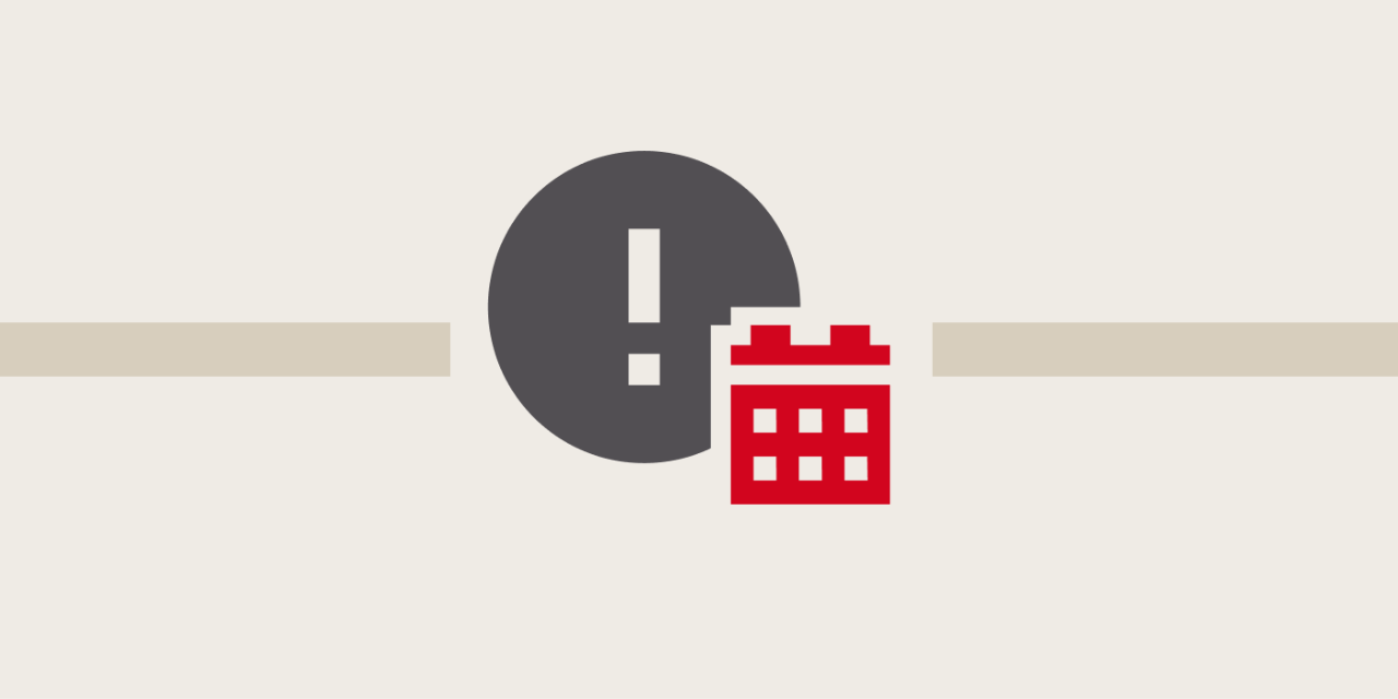 Illustration d'un cercle gris avec un point d'exclamation blanc au milieu. Un calendrier rouge est placé dans le coin inférieur droit.