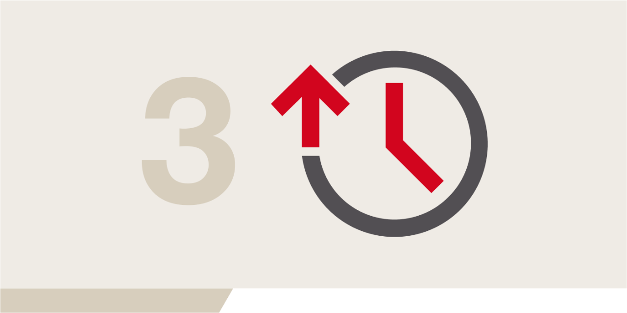Illustration en marron clair du chiffre 2. À droite se trouve une illustration d'une horloge et son cadre est interrompu par une flèche rouge pointant vers le haut pour symboliser le gain de temps.