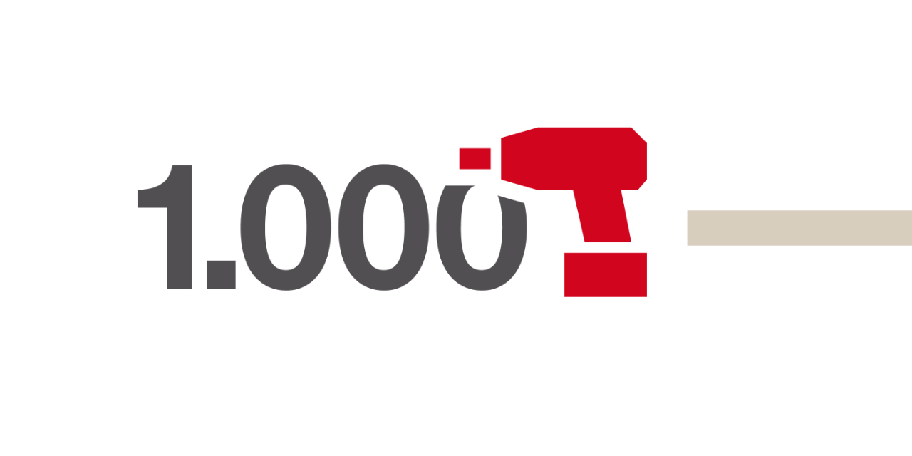 Illustration du nombre 1 000. Un tournevis sans fil rouge est illustré à droite.