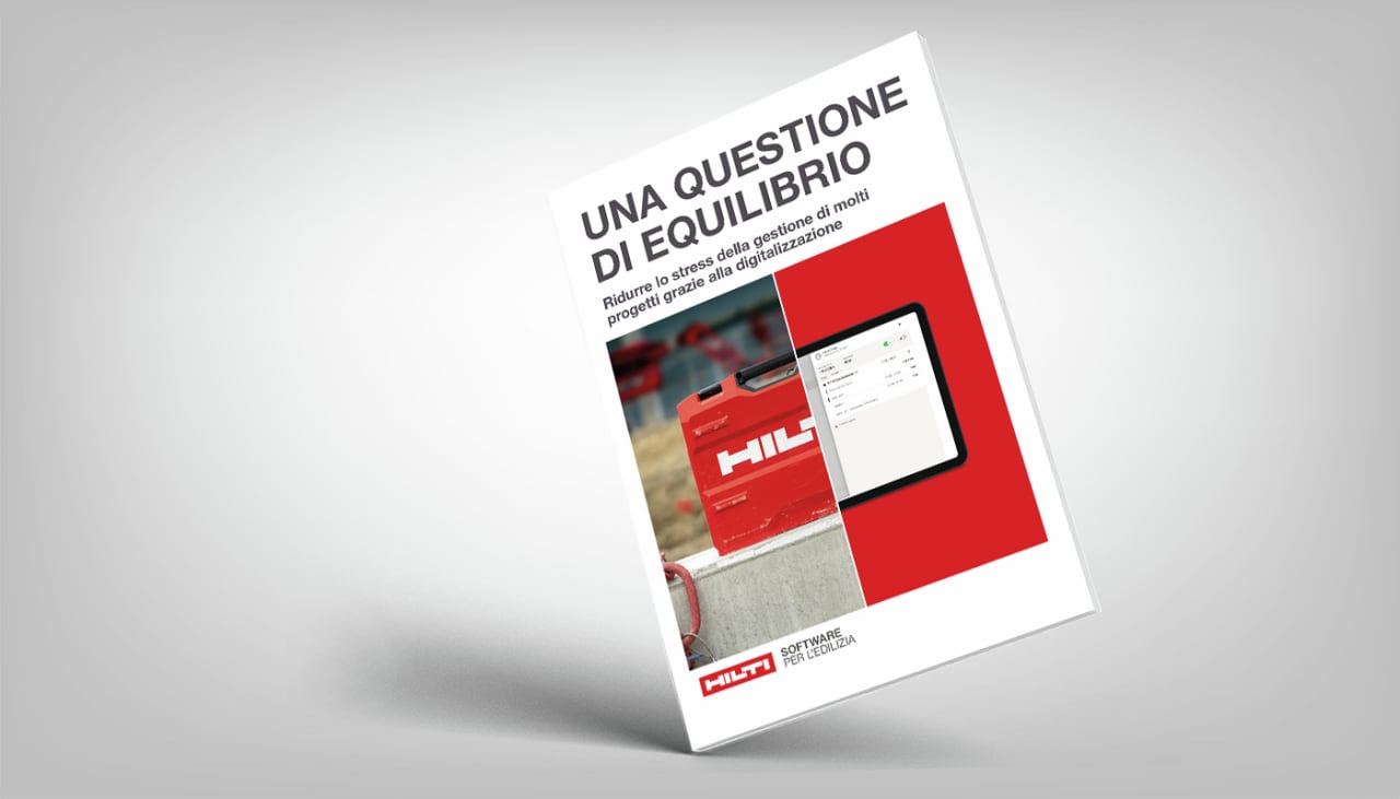 Un’illustrazione mostra la copertina del white paper «padroneggiare l’arte dell’equilibrismo» con metà di una valigetta Hilti e mezzo tablet.