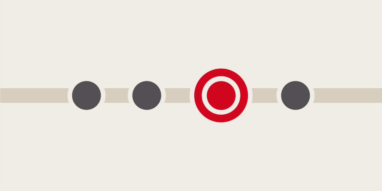 Illustrazione di quattro cerchi pieni disposti su una linea orizzontale. Il secondo cerchio da destra è l'unico colorato di rosso ed è circondato da una linea rossa.
