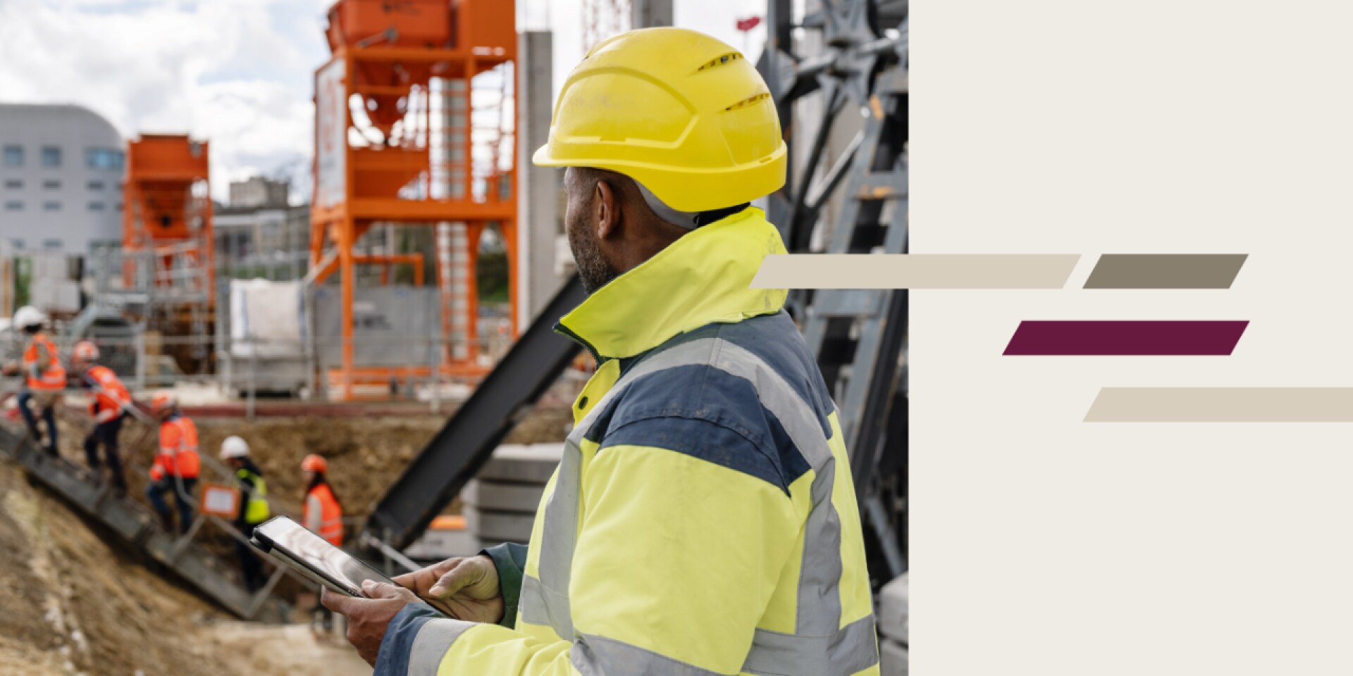 L'immagine è divisa in due aree: a sinistra si vede un uomo in abiti da cantiere, in piedi su un cantiere e con un tablet in mano. Le illustrazioni delle barre allungate verticali sono mostrate a destra.