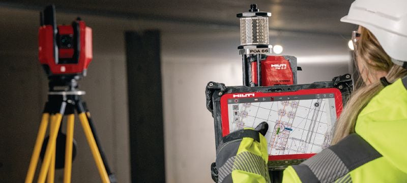 Attrezzo di configurazione per costruzione PLT 400-2 Attrezzo di configurazione edile versatile e facile da utilizzare da una sola persona, con una precisione di misurazione dell'angolo di 2 e una portata maggiore per una più rapida palinatura delle posizioni in cantiere Applicazioni 1