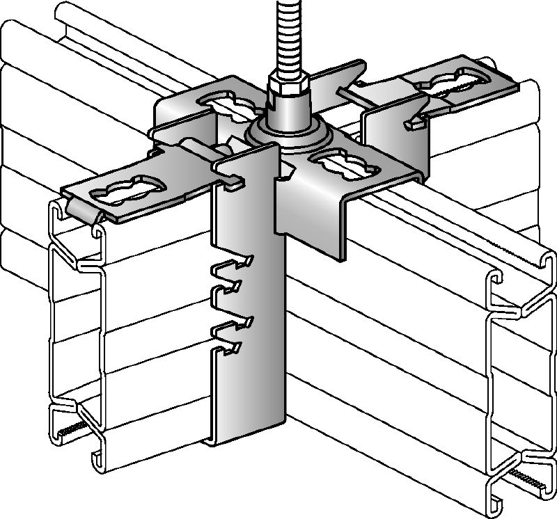 MQI-K Querverbinder Feuerverzinkter Querverbinder für die Quermontage von Schienen; mit integrierter, höhenjustierbarer M12 Verbindung