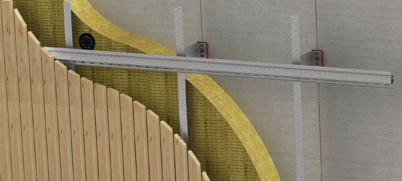 Rails d'accrochage MFT-MTS Rails d'accrochage pour la préfabrication et le montage de panneaux verticaux de bardage en bois sur des sous-structures en aluminium pour les façades ventilées Applications 1