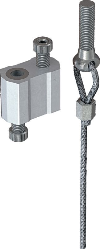 Kit di bloccaggio cavo MW-EB L con fune metallica, estremità a golfare Fune metallica con golfare filettato premontato e blocco regolabile per appendere accessori da calcestruzzo e acciaio