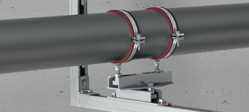 Slitta a rulli a incrocio MRG-UK D6 (doppia) Slitta a rulli a incrocio, doppia connessione, zincata a caldo (HDG) di alta qualità per applicazioni per impianti di refrigerazione e di riscaldamento per carichi pesanti Applicazioni 1