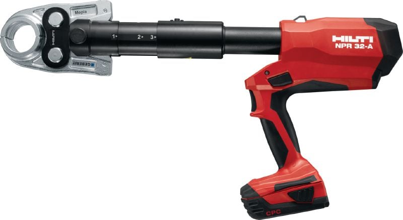 NPR 32-A attrezzo di pressatura tubi con impugnatura a pistola Attrezzo di pressatura 32 kN a batteria con impugnatura pistola, con ganasce di compressione interscambiabili, per tubi in metallo e plastica fino a 110 mm